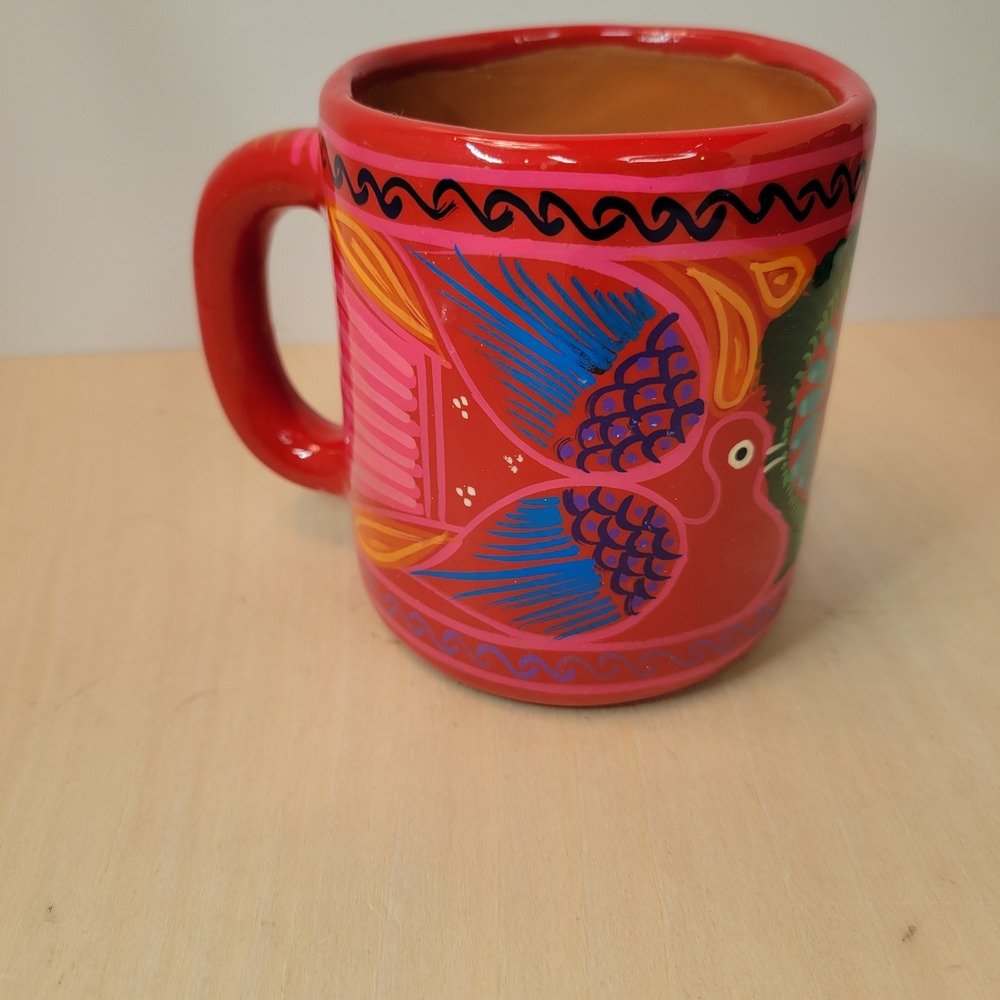 Hand‎ Painted Ceramic Mug Folk Art Bird Design Red